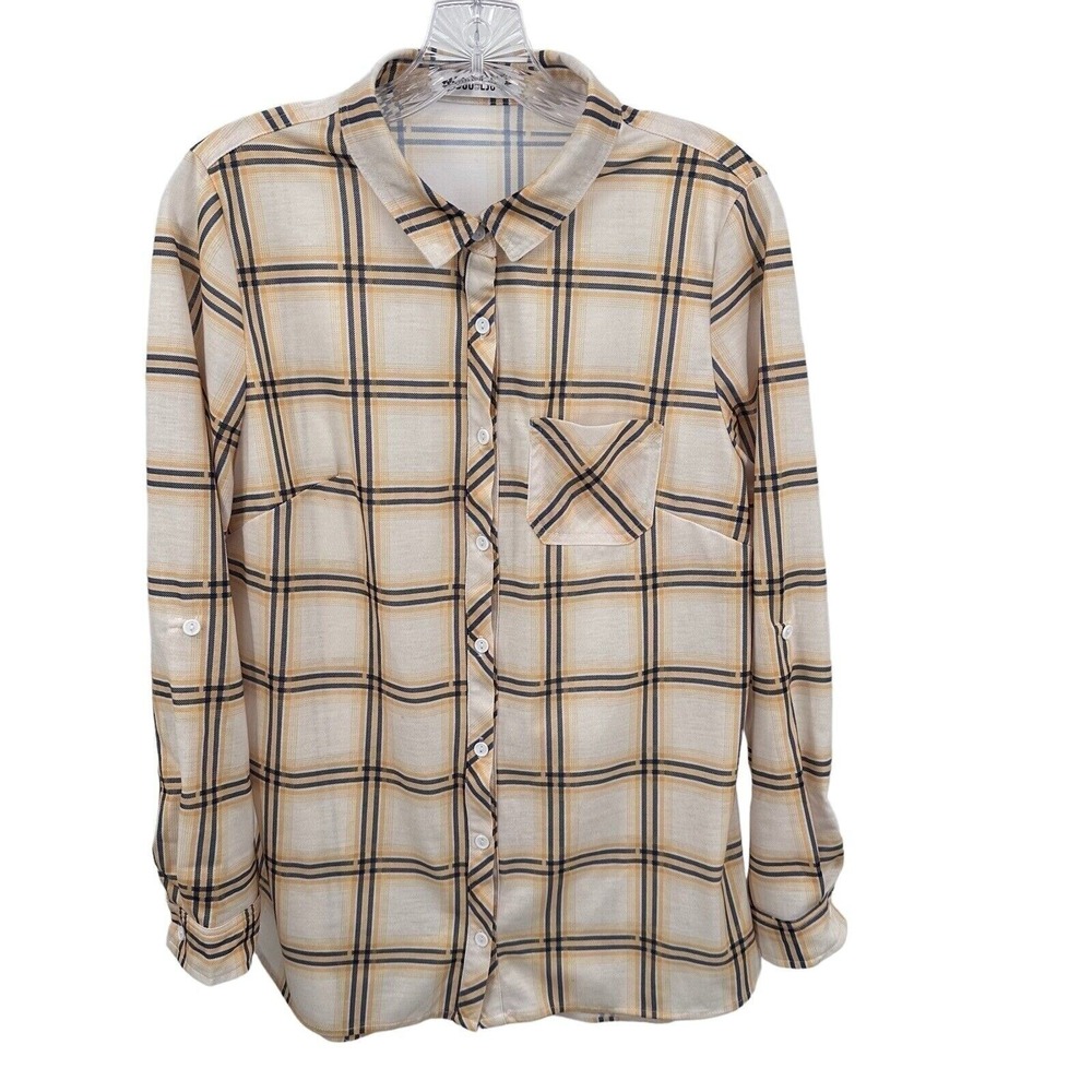 Doublju Womens XL Plaid Button Up Shirt Long Sleeve Roll Tab White Tan Navy